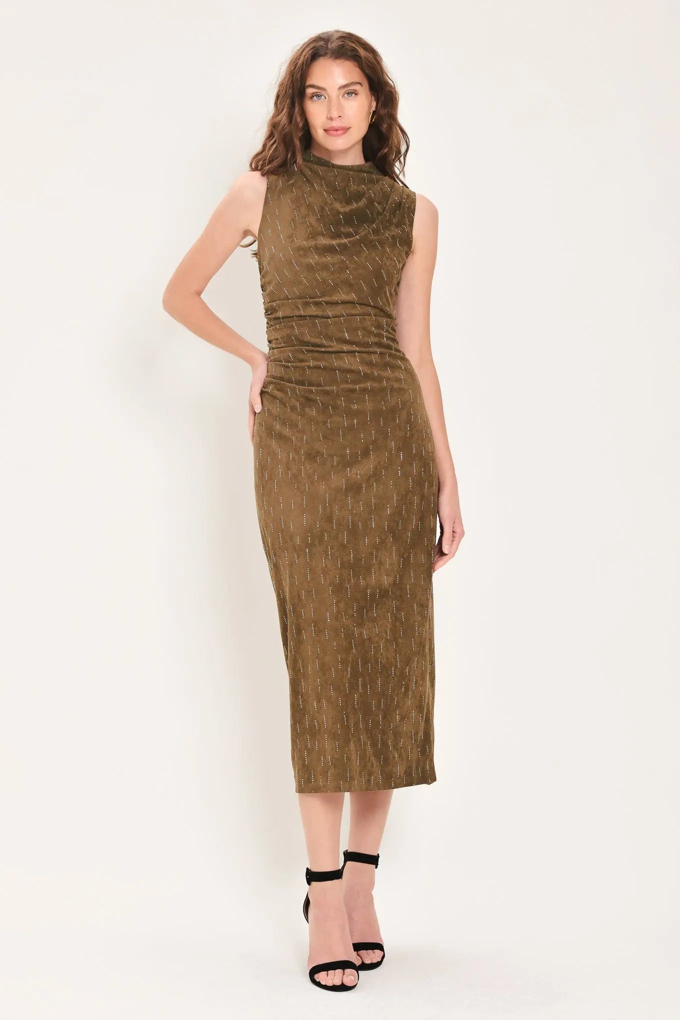 WALNUT GLOW EMBELLISHED FAUX SUEDE MIDI DRESS