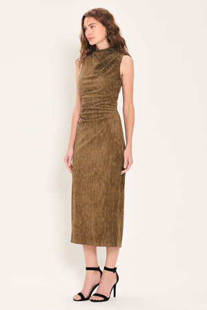 WALNUT GLOW EMBELLISHED FAUX SUEDE MIDI DRESS