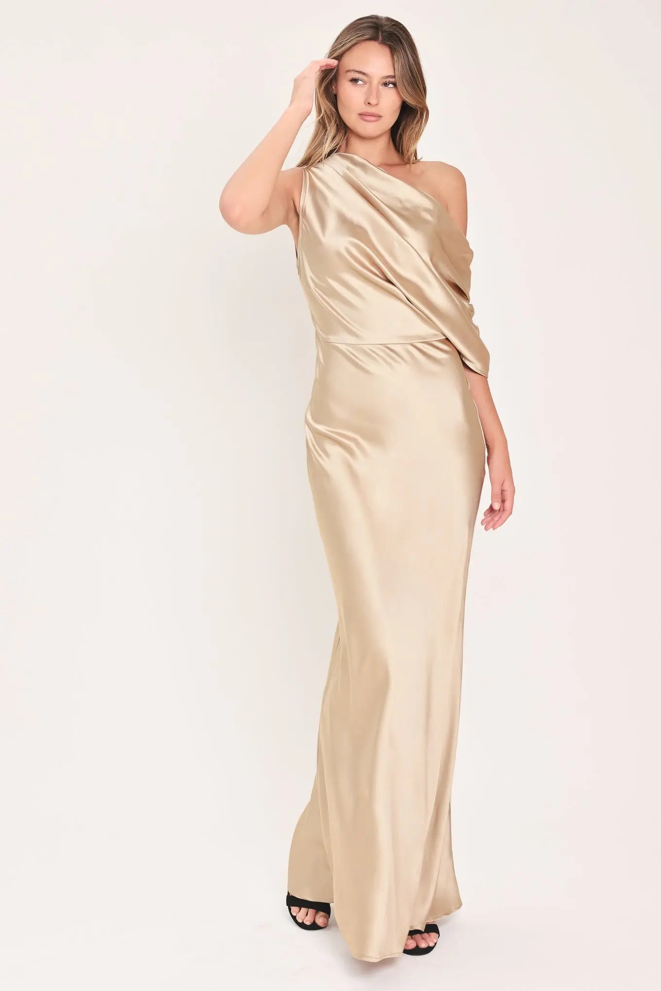 GILDED DRAPE SATIN ONE-SHOULDER MAXI DRESS