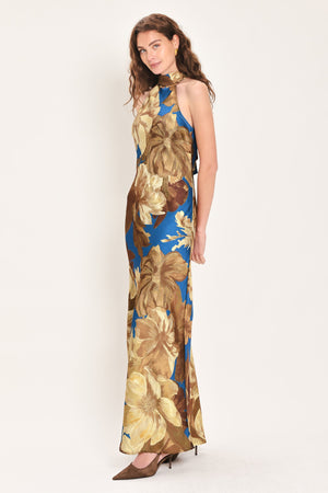 DEEP TEAL DREAM PRINTED HIGH-HALTER MAXI DRESS