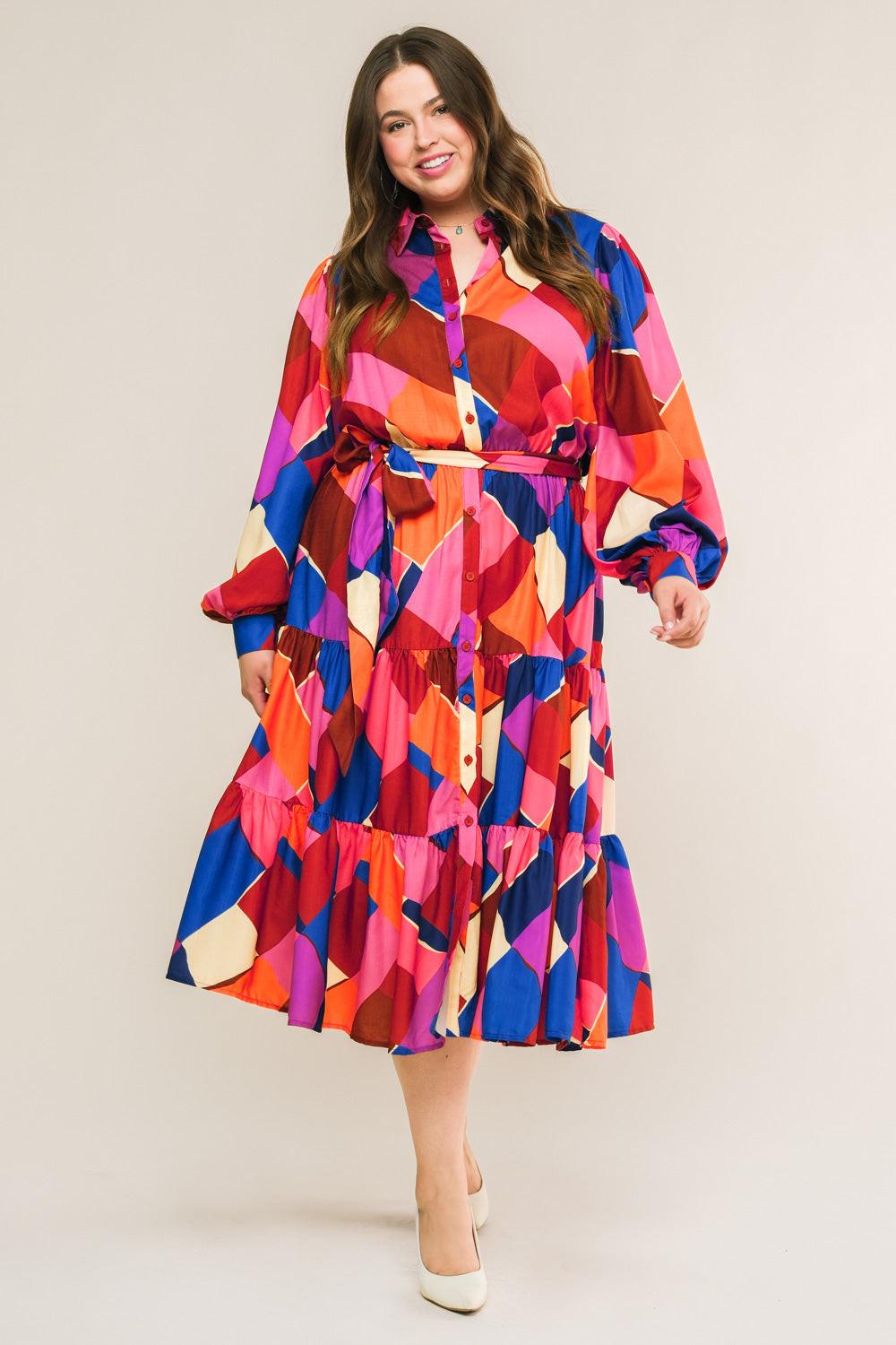 Long Sleeve Printed Woven Midi Dress - Fuchsia/Blue