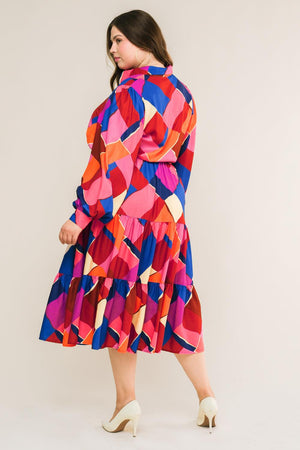 Long Sleeve Printed Woven Midi Dress - Fuchsia/Blue
