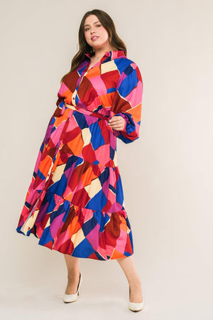 Long Sleeve Printed Woven Midi Dress - Fuchsia/Blue