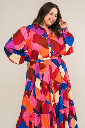 Long Sleeve Printed Woven Midi Dress - Fuchsia/Blue