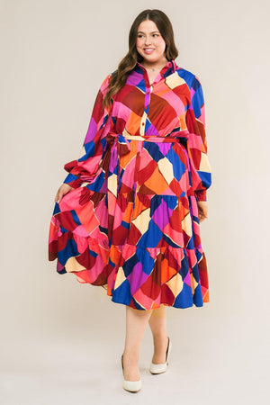 Long Sleeve Printed Woven Midi Dress - Fuchsia/Blue
