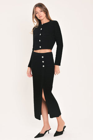 POLISHED MOMENT BLACK JEWEL-BUTTON CROPPED SWEATER TOP