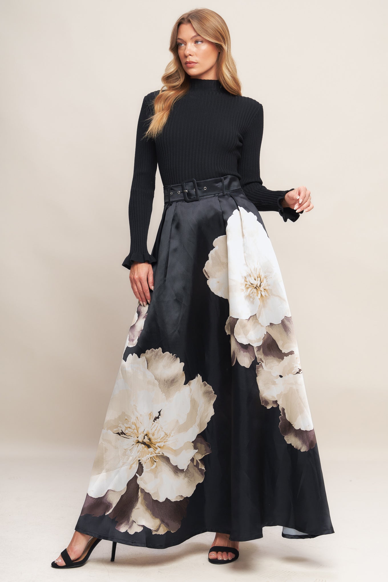 MIDNIGHT BLOOM BELTED WOVEN MAXI SKIRT