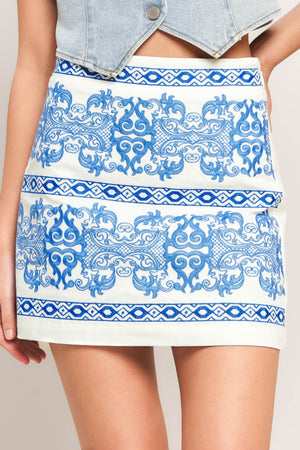 BLUE PORCELAIN WOVEN MINI SKIRT