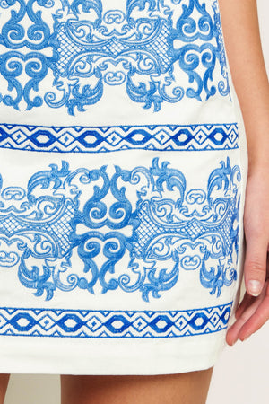 BLUE PORCELAIN WOVEN MINI SKIRT