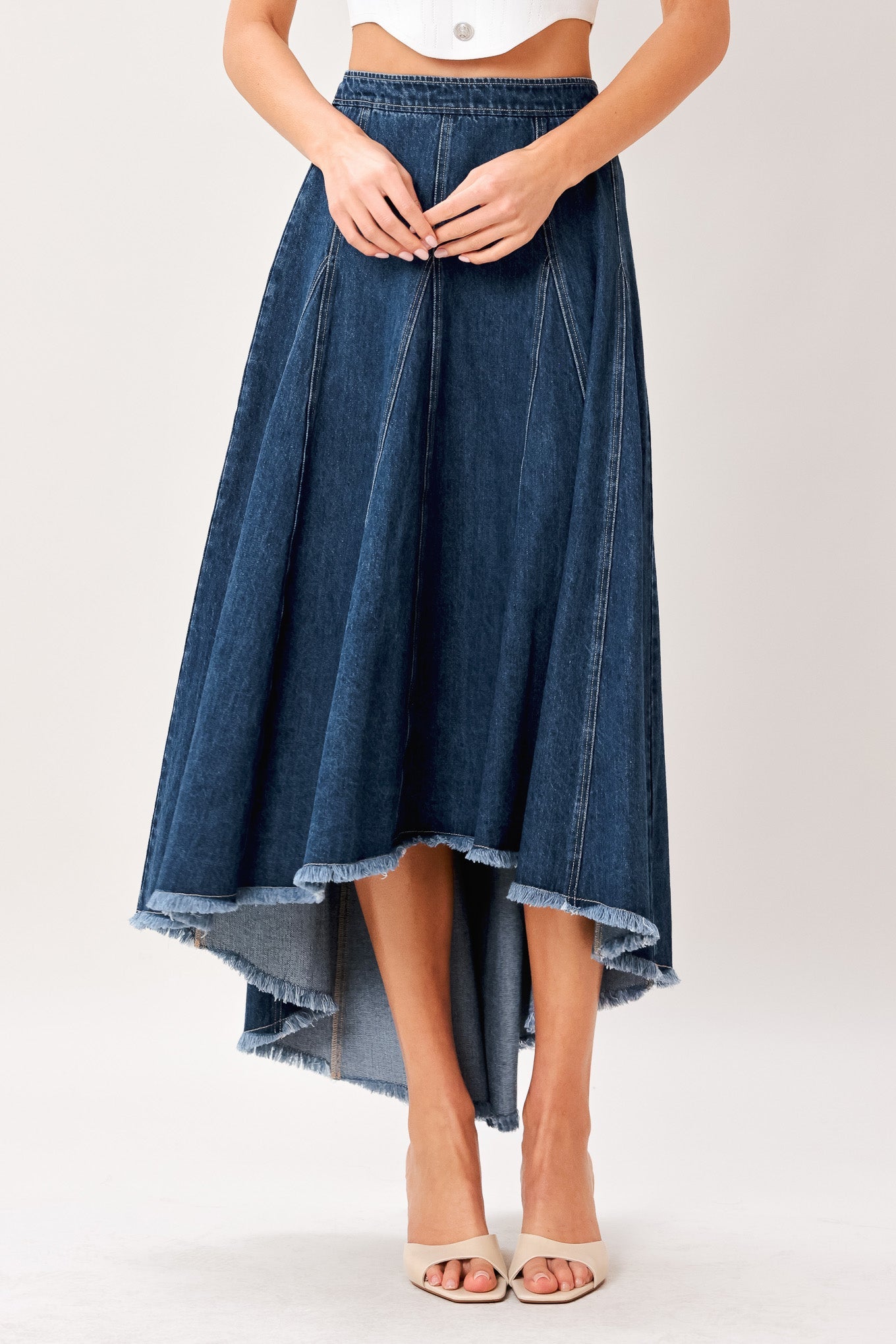 CITY SWING DENIM HI-LO MIDI CIRCLE SKIRT