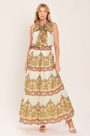 GILDED SCROLL PRINT WOVEN MAXI SKIRT