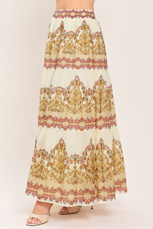 GILDED SCROLL PRINT WOVEN MAXI SKIRT