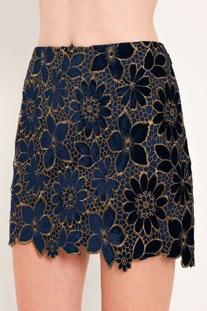NAVY ROMANCE VELVET LACE MINI SKIRT