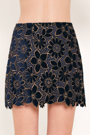 NAVY ROMANCE VELVET LACE MINI SKIRT