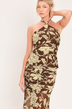 EARTHY FLORAL TEMPTATION POWER MESH MAXI SKIRT