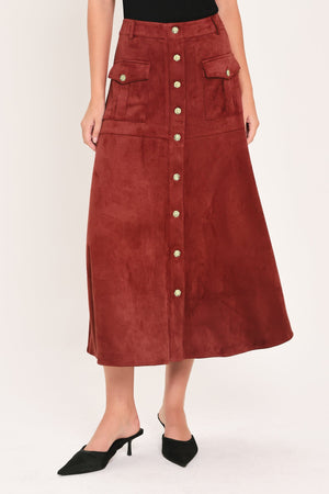 RUSTIC ROMANCE BRICK FAUX SUEDE BUTTON-FRONT MIDI SKIRT