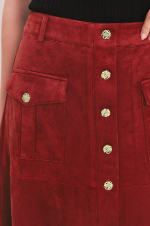 RUSTIC ROMANCE BRICK FAUX SUEDE BUTTON-FRONT MIDI SKIRT