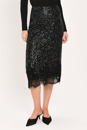 BRONZE LUSTER BRONZE/BLACK SEQUIN LACE-HEM MIDI SKIRT