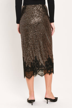 BRONZE LUSTER BRONZE/BLACK SEQUIN LACE-HEM MIDI SKIRT