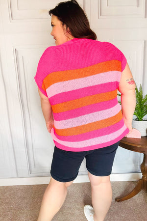 Feeling Bold Fuchsia & Orange Stripe Short Sleeve Dolman Sweater