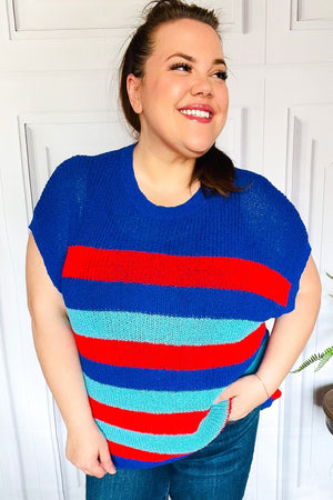 Forget Me Not Royal Blue Stripe Short Sleeve Dolman Sweater