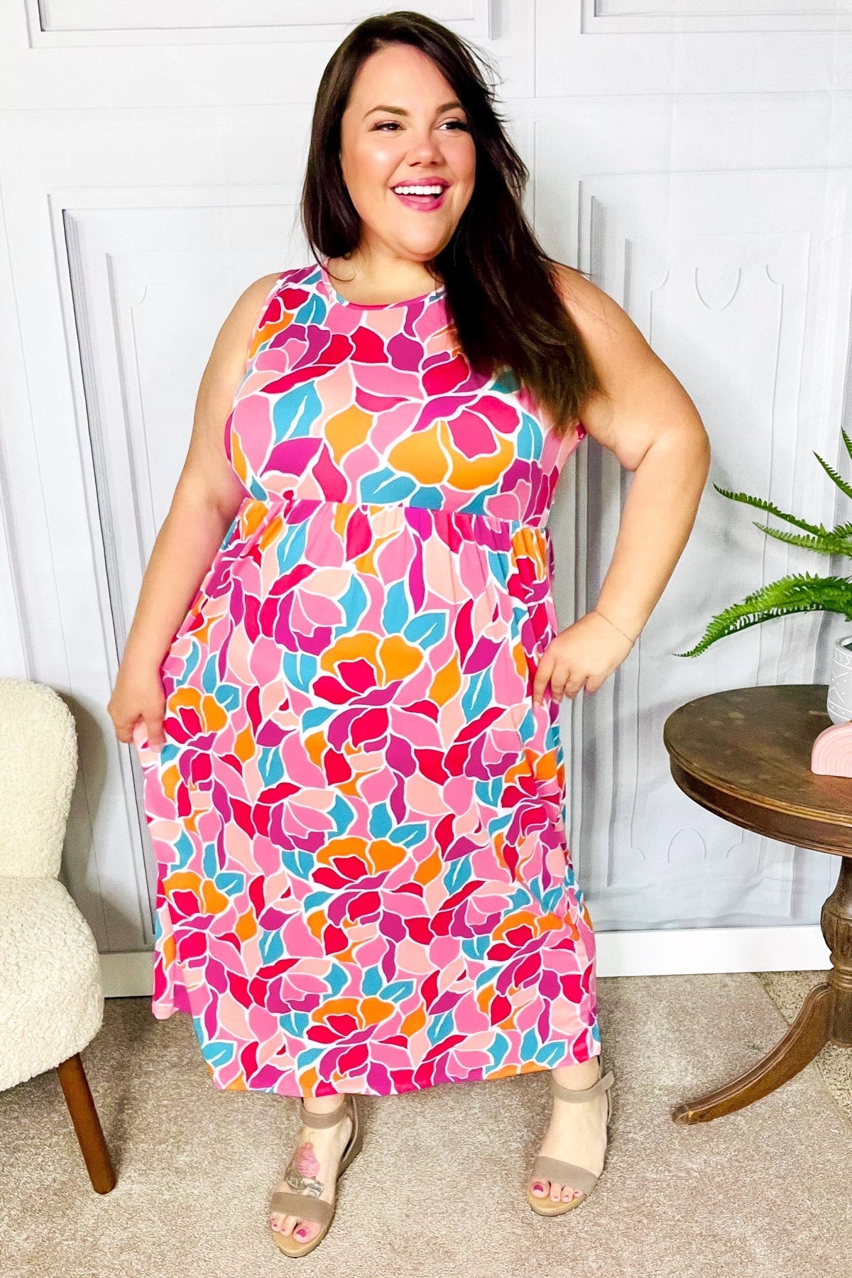 Hello Beautiful Fuchsia Abstract Floral Fit & Flare Maxi Dress Small