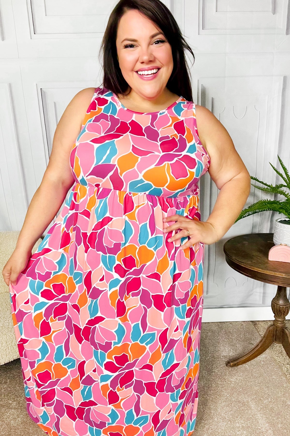 Hello Beautiful Fuchsia Abstract Floral Fit & Flare Maxi Dress Small