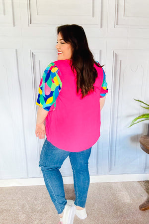 Tell Your Story Fuchsia Geo Print Puff Sleeve V Neck Top