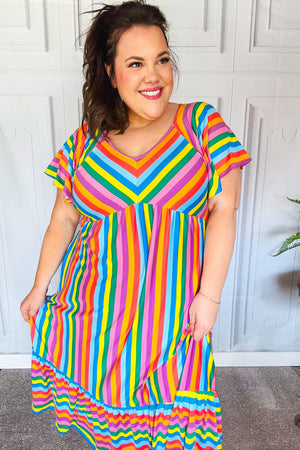 Bright Thoughts Rainbow Stripe Flutter Sleeve Fit & Flare Maxi Dress