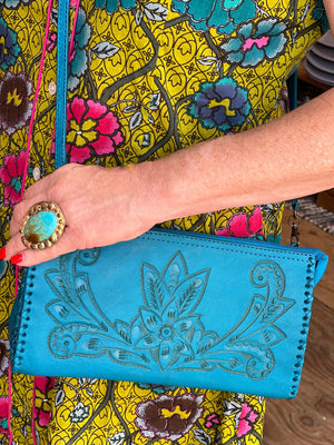 Hand-Tooled Leather Clutch, Wristlet & Crossbody - Multiple Colors