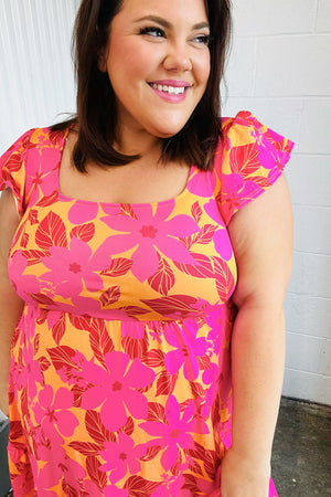 Fuchsia & Orange Tropical Floral Square Neck Dress