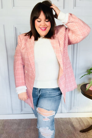 Get To It Pink Plaid Double Breasted Collar Lapel Blazer