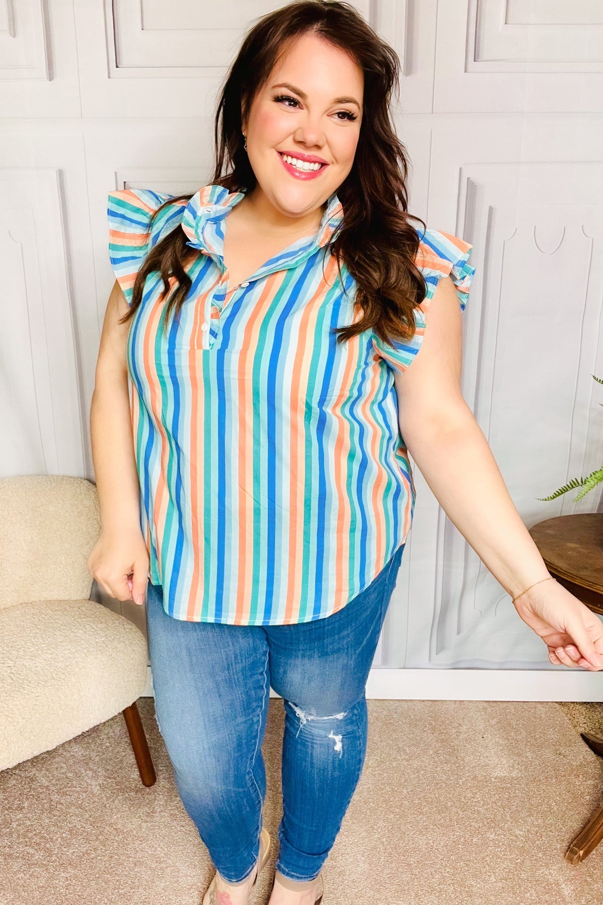 Happy Thoughts Sky Blue Striped Frill Button Down Top