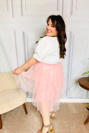 Feeling Femme' Blush Asymmetric Tiered Tulle Midi Skirt