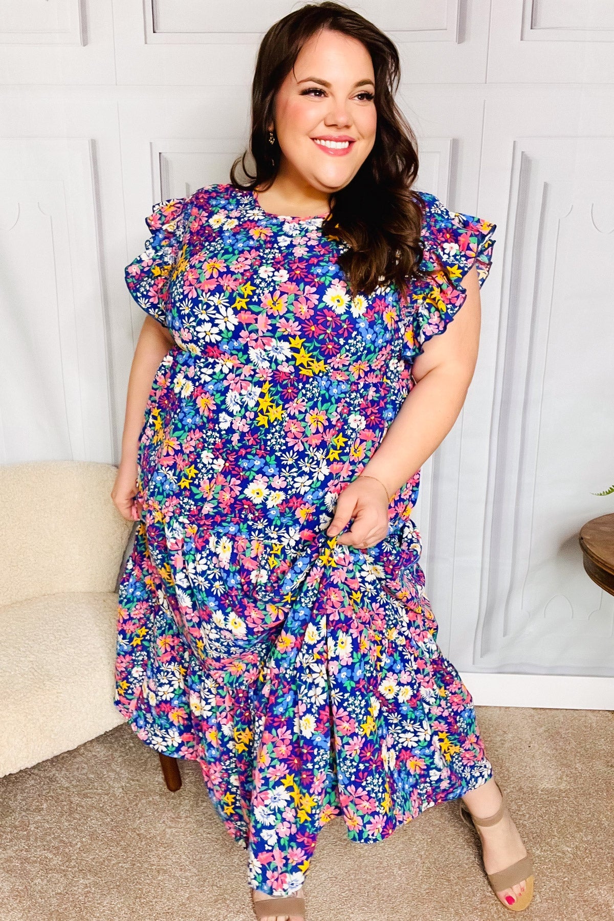 Just A Dream Navy Floral Smocked Ruffle Sleeve Maxi Dress Small Just A Dream Navy Floral Smocked Ruffle Sleeve Maxi Dress Small