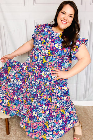 Just A Dream Navy Floral Smocked Ruffle Sleeve Maxi Dress