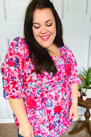 Feeling Femmi Pink & Fuchsia Floral Peplum Woven Top