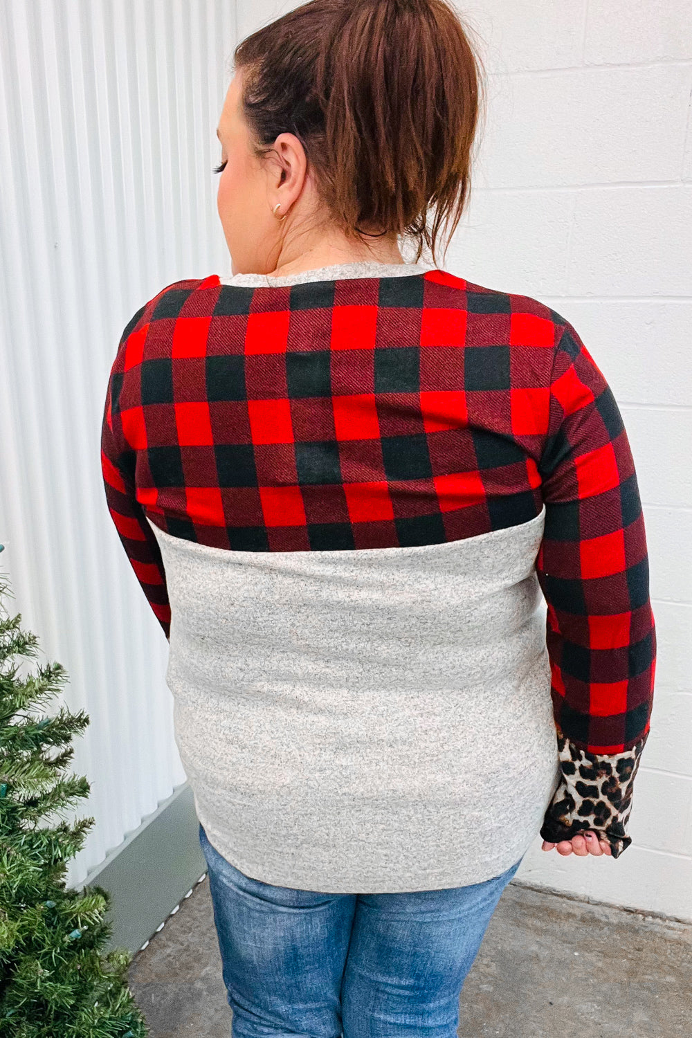 All of Me Grey & Red Plaid Animal Print Pocketed Top