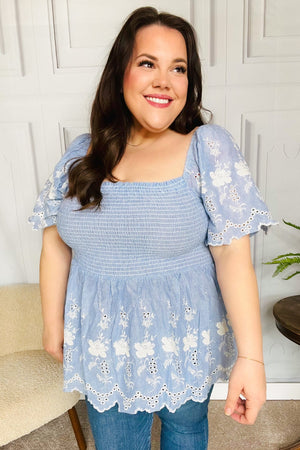 Just A Dream Blue Smocked Floral Embroidered Babydoll Top