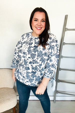 Vintage Chic Navy & Ivory Three-Quarter Bow Sleeve Contrast Stripe Blouse