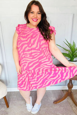 Remember Me Pink Zebra Print Tiered Ruffle Sleeve Woven Dress