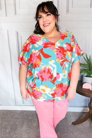 Weekend Ready Aqua & Coral Floral V Neck Woven Top