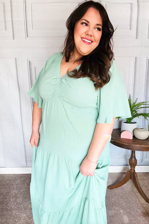 Take You Away Mint Elastic V Neck Tiered Maxi Dress