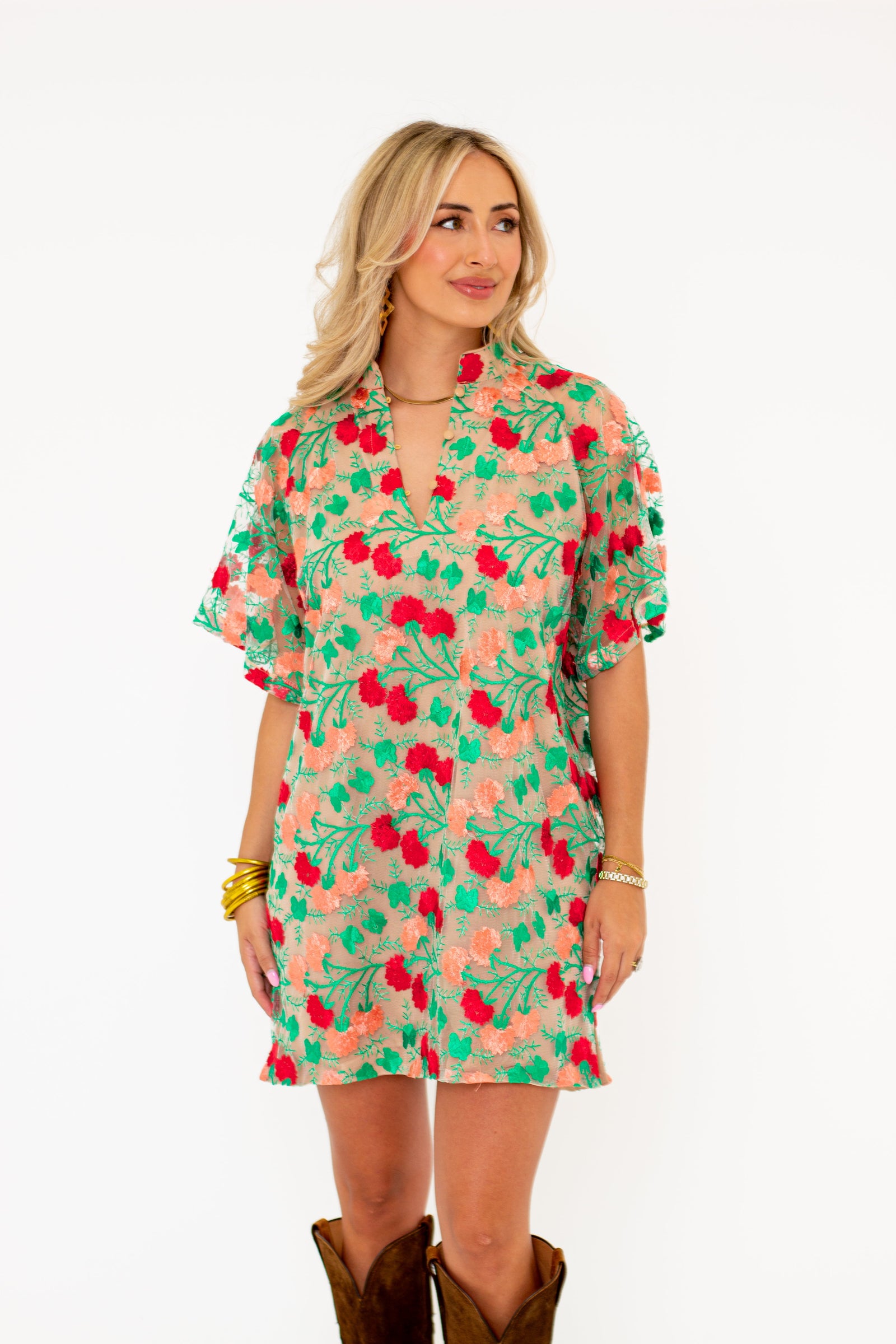 Lulu Short Sleeve Mini Caftan- Precious Coral