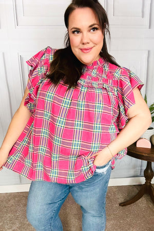 Live For Today Fuchsia Plaid Shirred Yoke Flutter Sleeve Top
