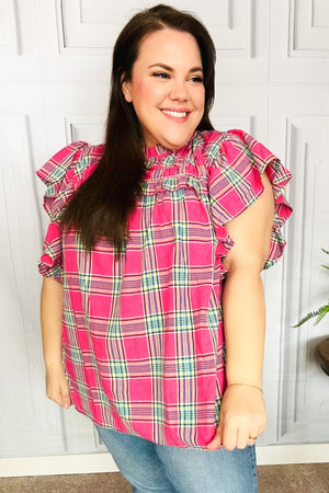Live For Today Fuchsia Plaid Shirred Yoke Flutter Sleeve Top