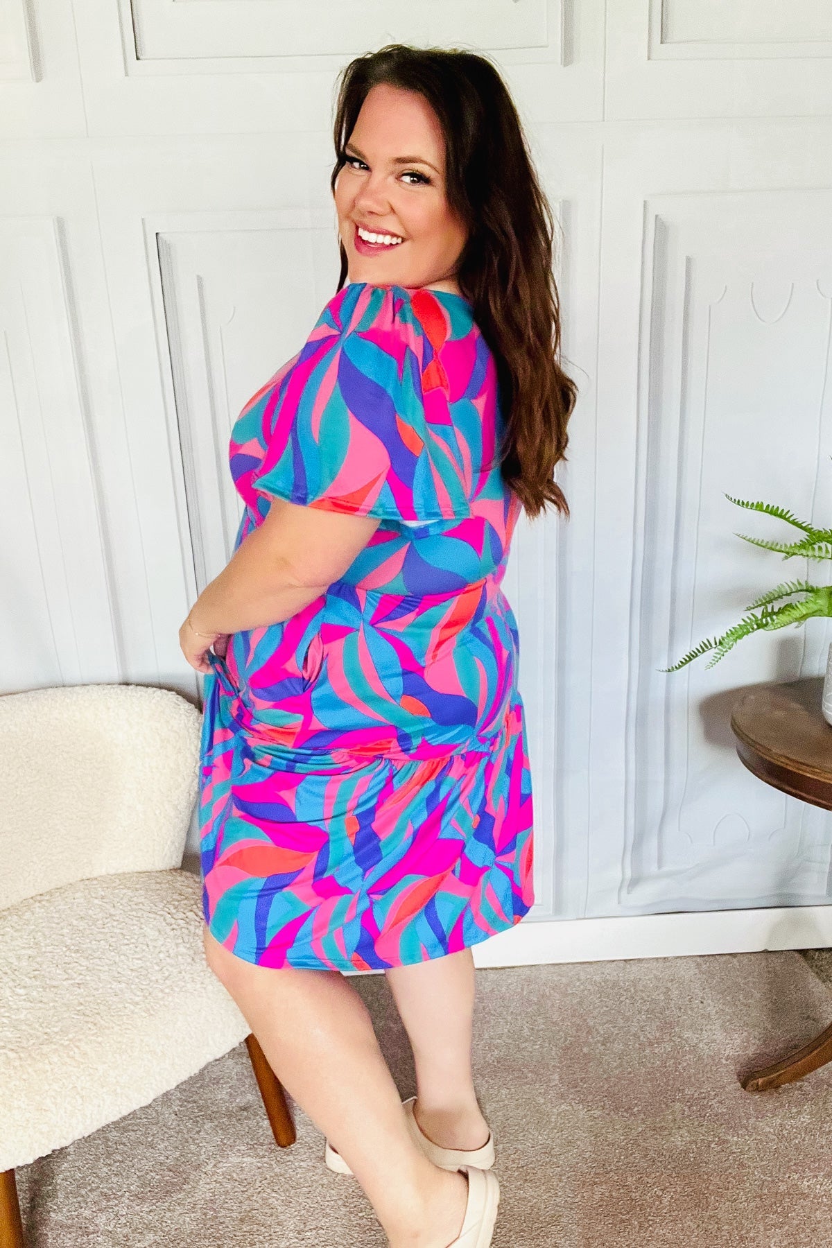 remember me dress blue print Blue and Fuchsia Geo Print Flare Midi Dress