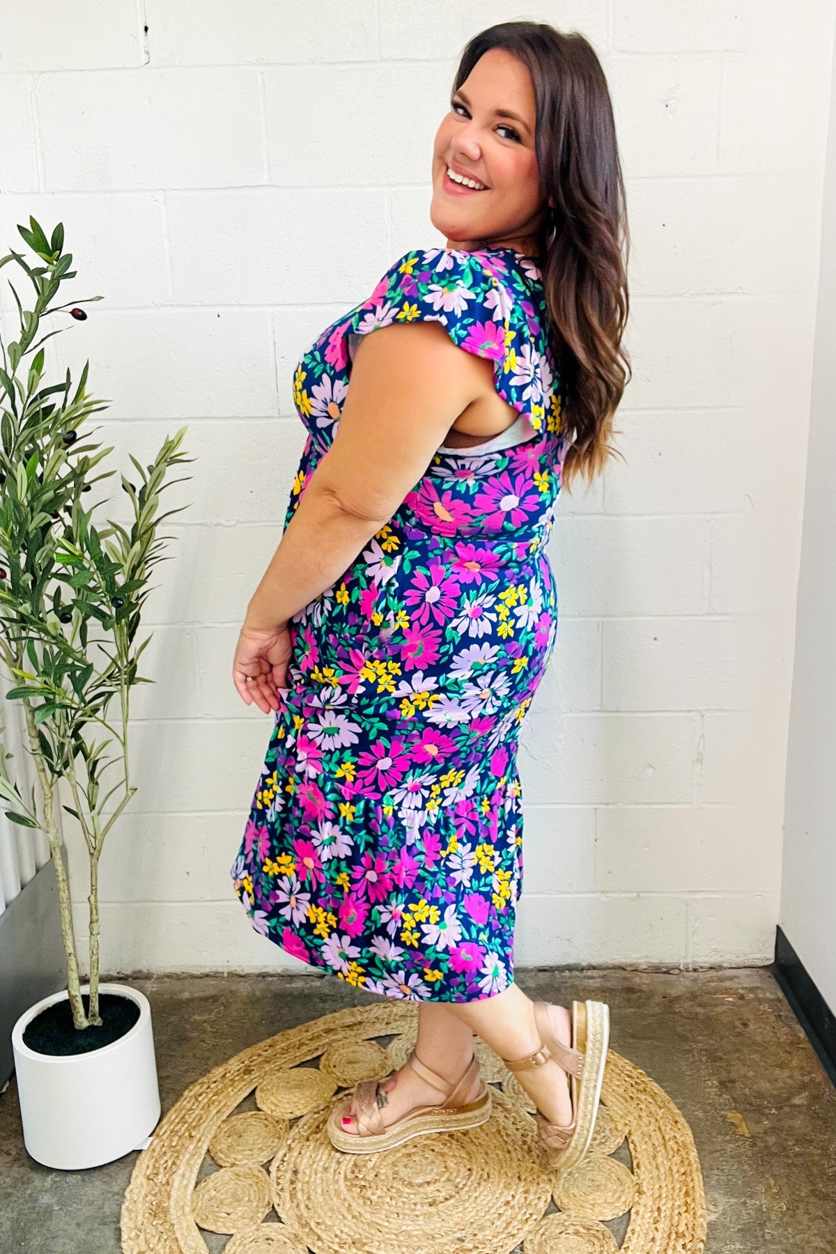 fit and flare midi floral dress for women Diva Dreams Navy & Lilac Floral Fit & Flare Midi Dress Small