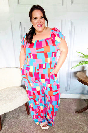 Scarlet & Aqua Geometric Print Wide Leg Jumpsuit