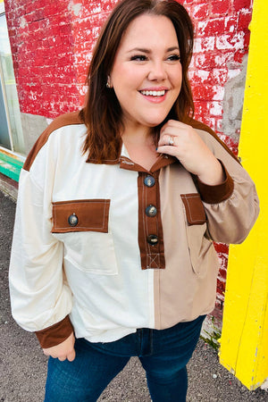 Fun Days Ahead Sepia Ivory/Taupe Color Block Button Down Pullover
